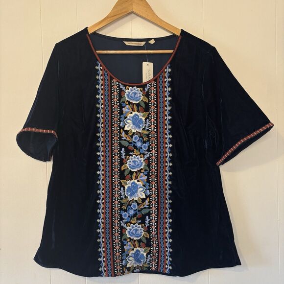 NEW Soft Surroundings Large Blue Velvet Floral Embroidered Boho Top Short Sleeve - Picture 2 of 12